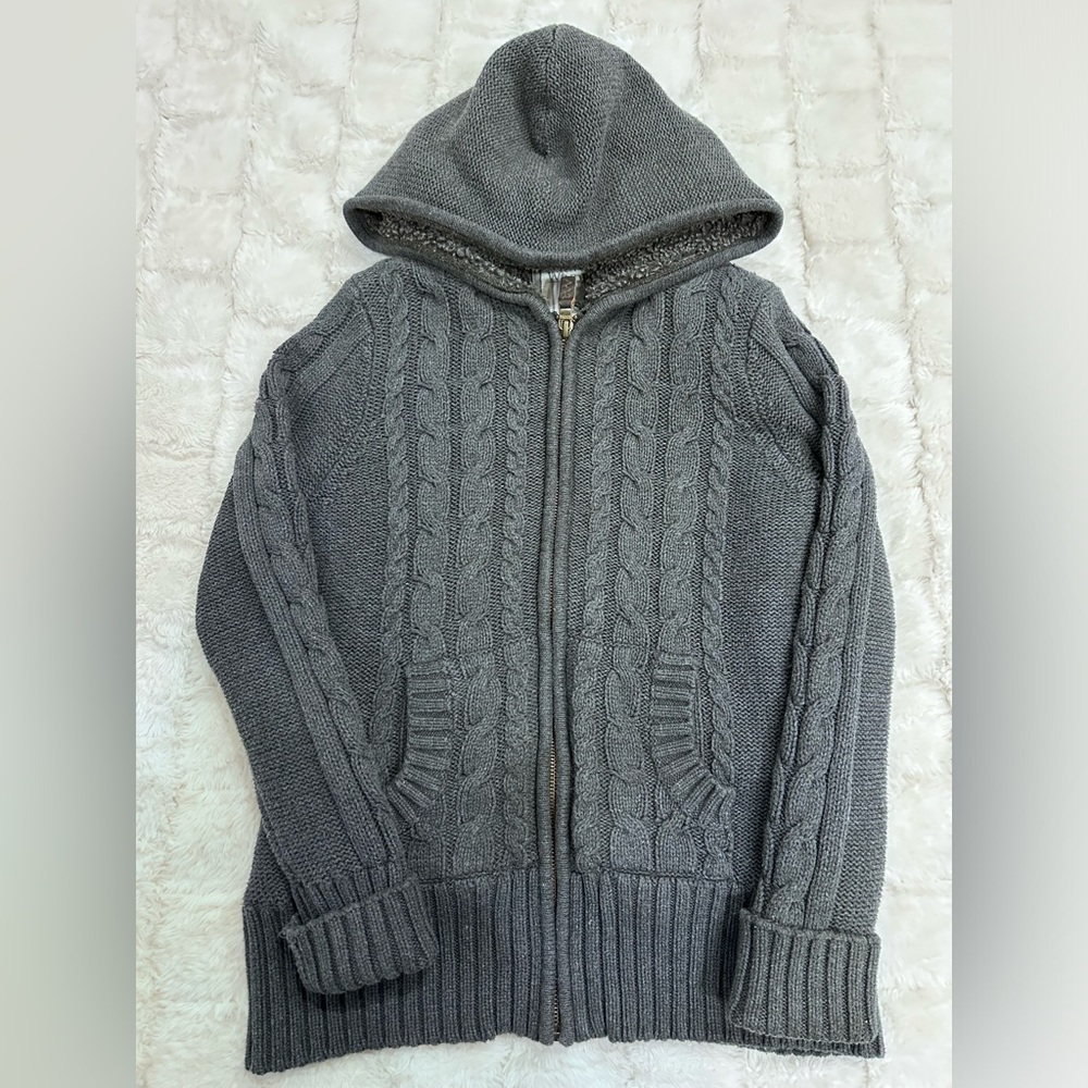 Wind river Gray Cable Knit Zip Up Sweater Hoodie with Sherpa lining Size S‎